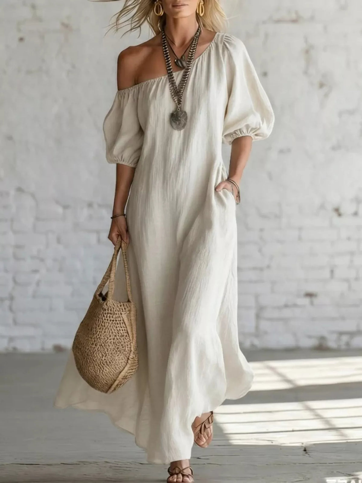 Plush Fashion Hub one-shoulder puff sleeve maxi dress displayed on a model, featuring elegant design and flowing fabric.