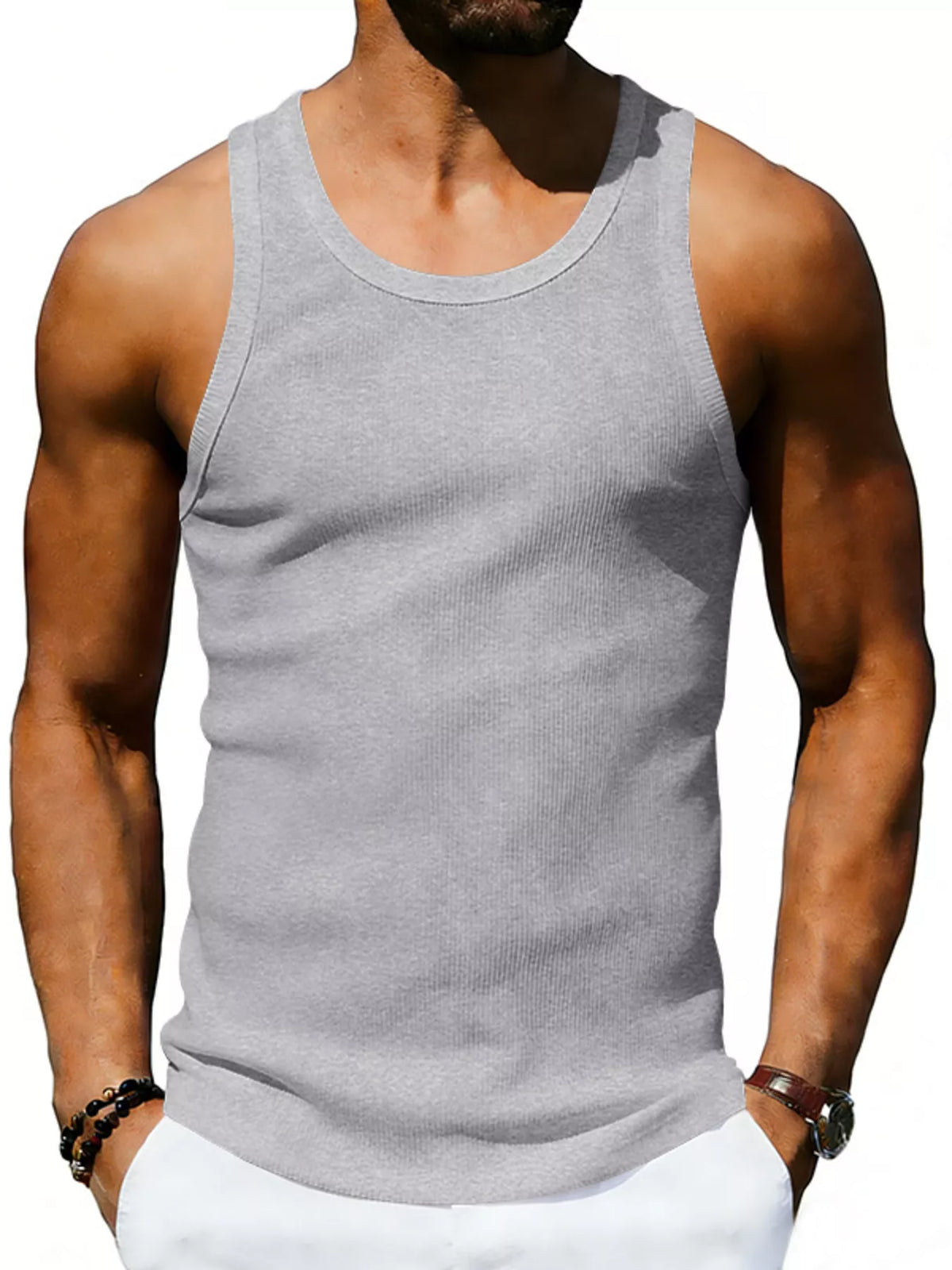 Plus size men's round neck tank top by Plush Fashion Hub, full-size sleeveless shirt in black, front view.