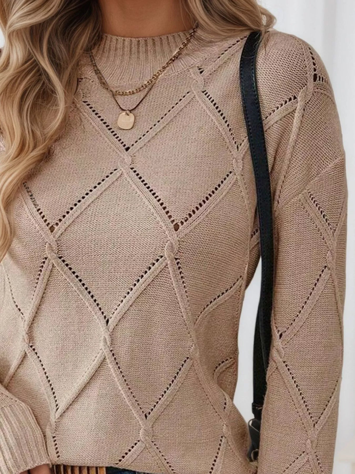 Simply Love long sleeve diamond eyelet knit top featuring a textured pattern and fitted design, perfect for casual or stylish wear.