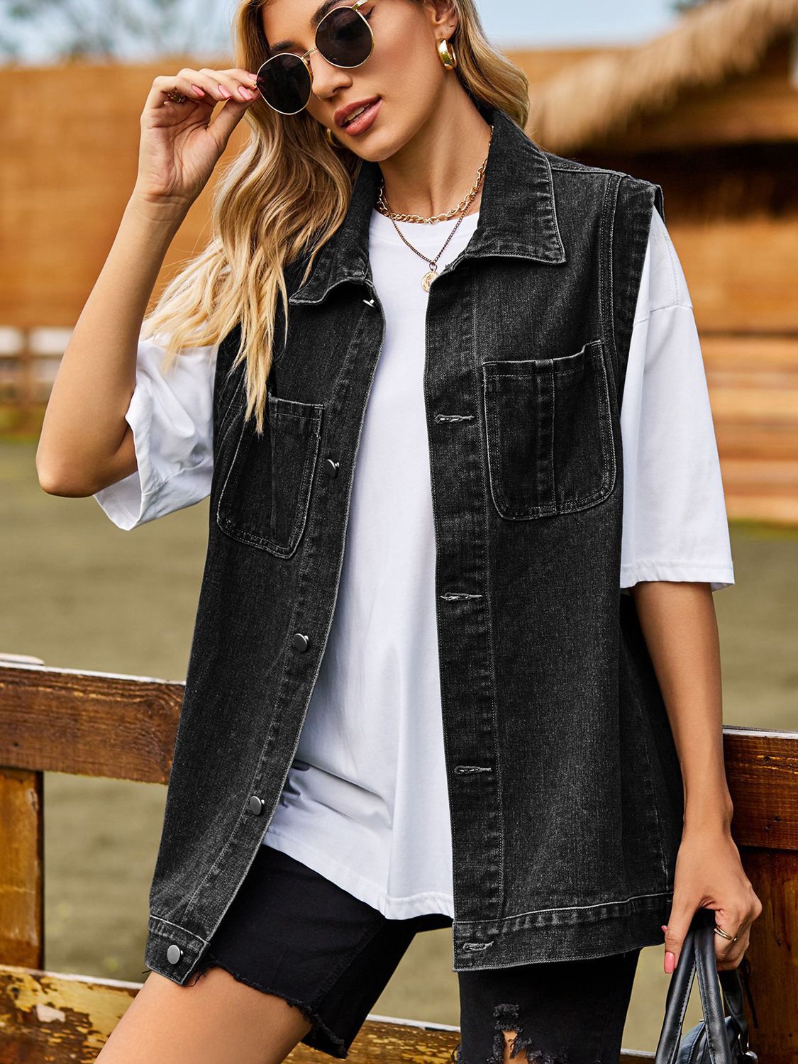 Button down denim vest by Plush Fashion Hub, featuring classic blue denim with front button closures and stylish collar detail.