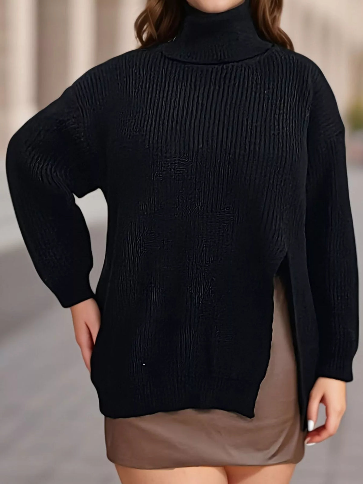 Plus size ribbed turtleneck sweater with side slit from Trendsi, featuring a cozy fit and stylish design in a natural knit fabric.