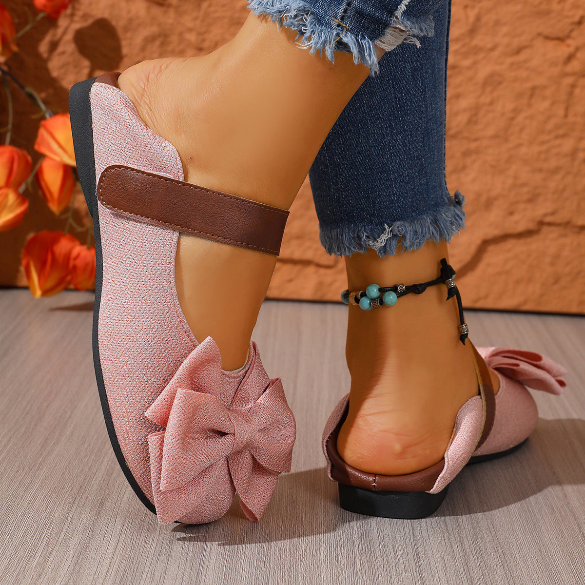 Women's vegan leather slip-on flats with round toe and chic bow, stylish and comfortable shoes by Plush Fashion Hub.