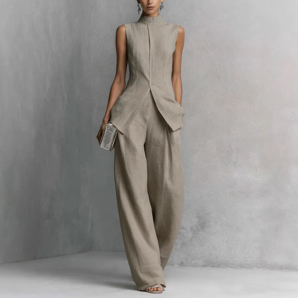 Women’s solid color sleeveless top and long pants two-piece casualwear set by FitiqueFit in various colors, styled for everyday wear.