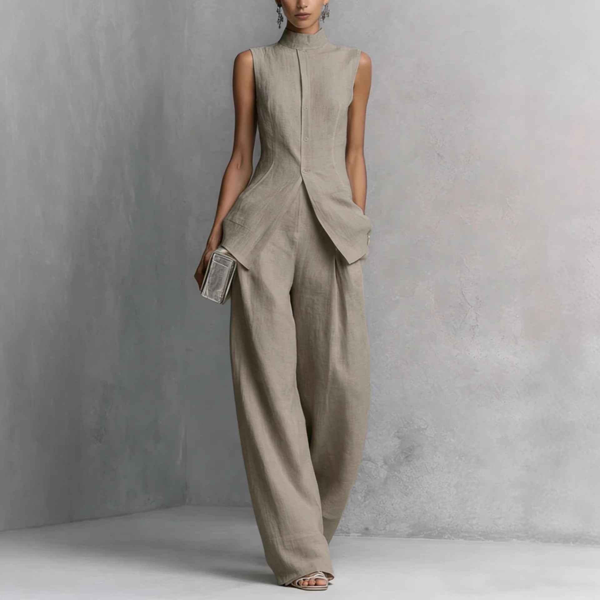 Women’s solid color sleeveless top and long pants two-piece casualwear set by FitiqueFit in various colors, styled for everyday wear.