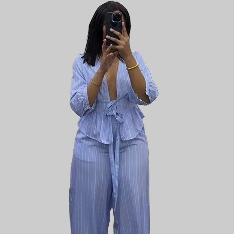 Coastal Chic V-neck striped lace-up top set by Plush Fashion Hub, featuring a stylish V-neck and casual striped design.