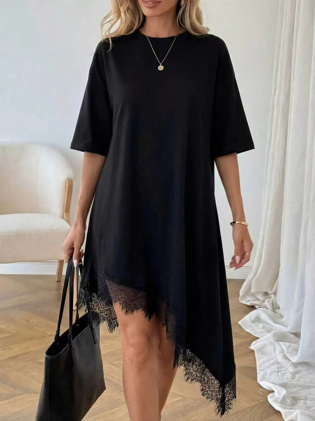 Lace trim asymmetrical hem t-shirt dress by Plush Fashion Hub, casual shirt dress with stylish lace accents and uneven hem.