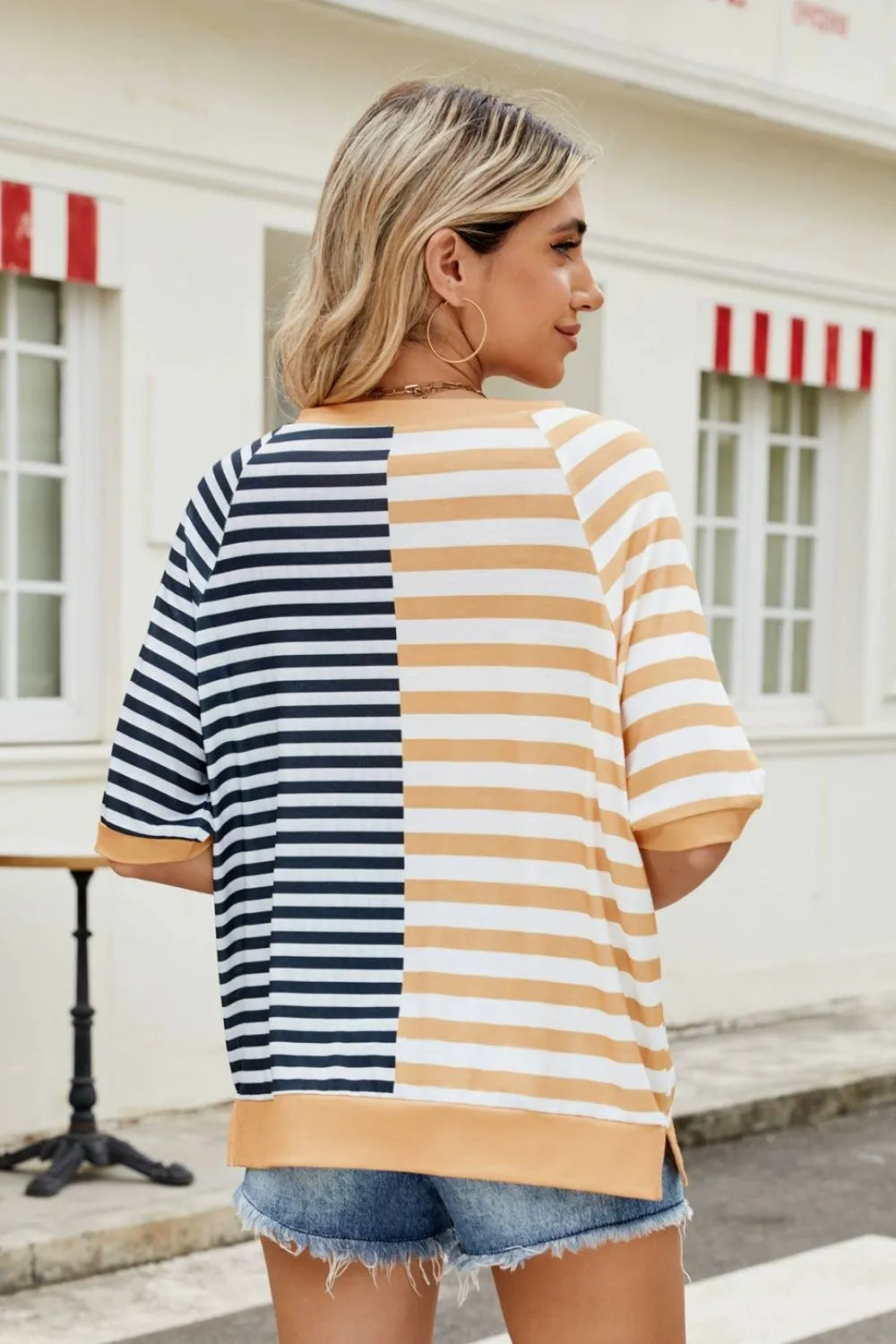 Striped round neck half sleeve T-shirt from Plush Fashion Hub featuring a stylish pattern and comfortable fit.