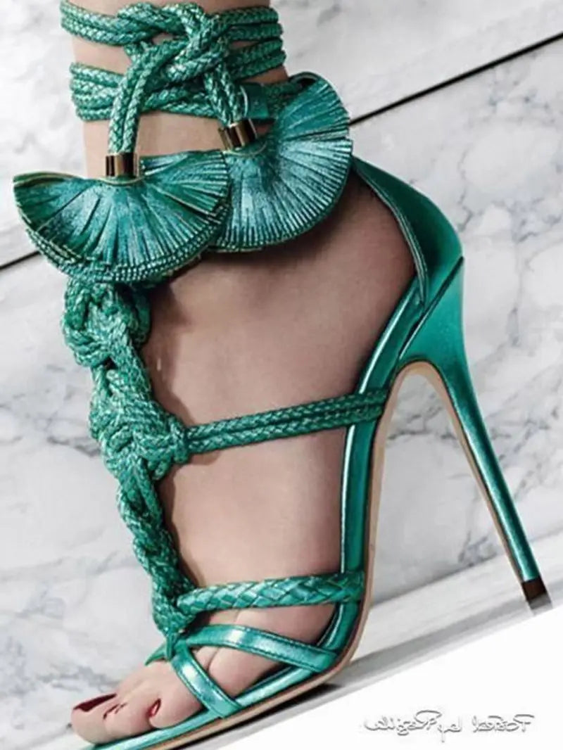 Plush Fashion Hub braided stiletto lace-up heels with open toe design and high heel, stylish footwear for women.