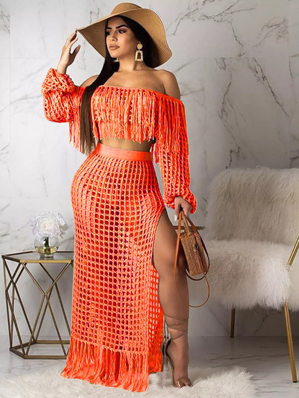 Plus size crochet off-shoulder fringe top and matching skirt set by Plush Fashion Hub, featuring detailed crochet patterns and flowy design.