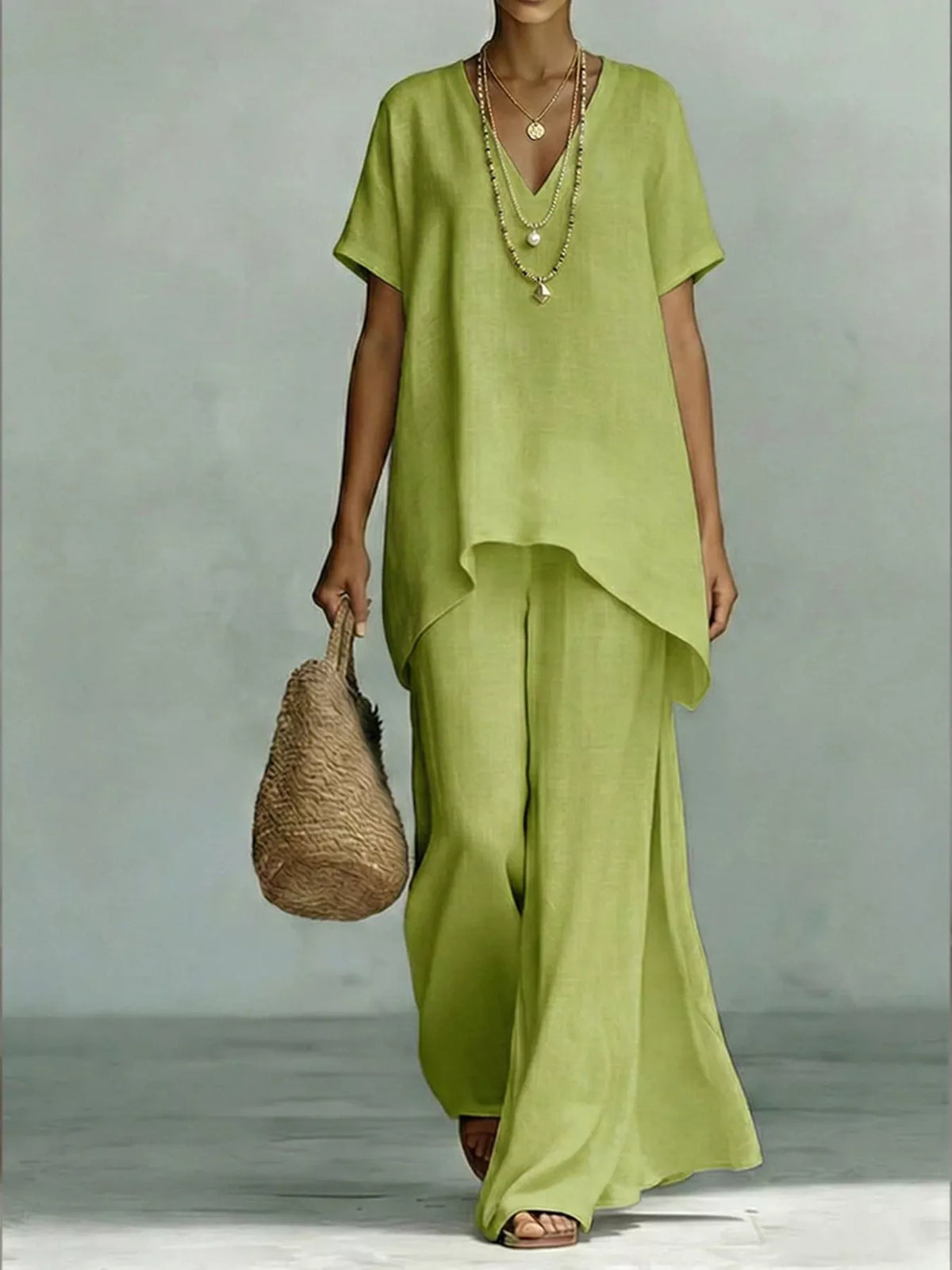Plus size V-neck top and wide-leg pants set by Plush Fashion Hub, featuring a comfortable, stylish two-piece outfit.