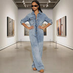 Women's Long Sleeve Button-Front Denim Jumpsuit
