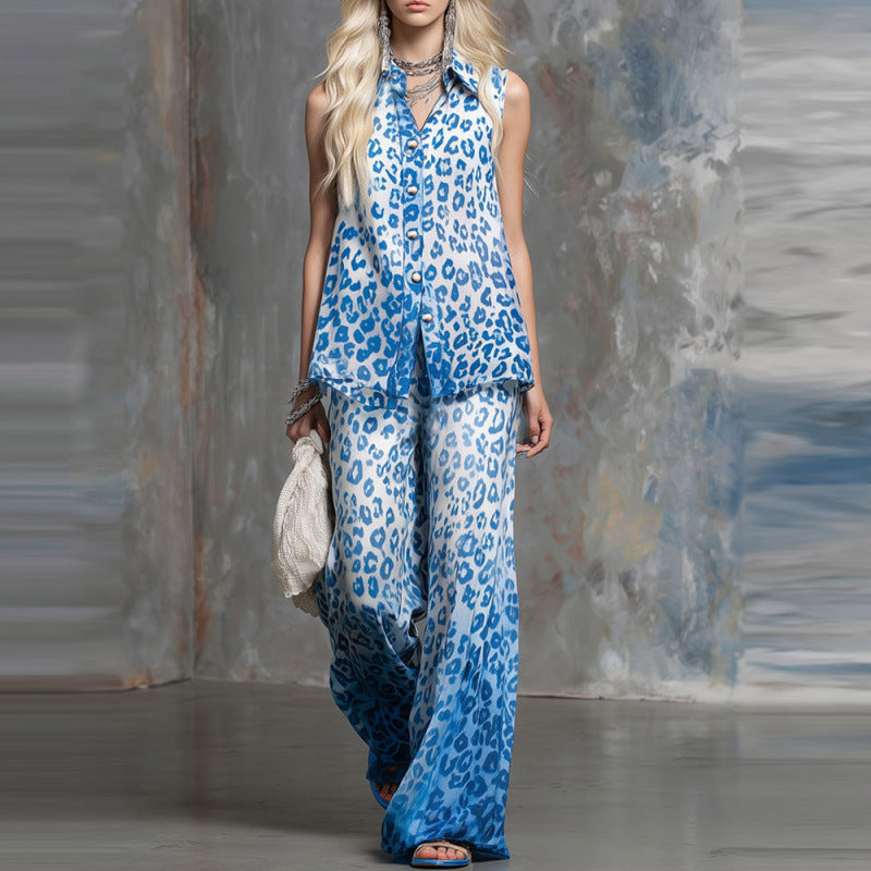 Loose-fit leopard-print sleeveless shirt and trousers two-piece casualwear set by Plush Fashion Hub, featuring bold animal print and comfortable fit.