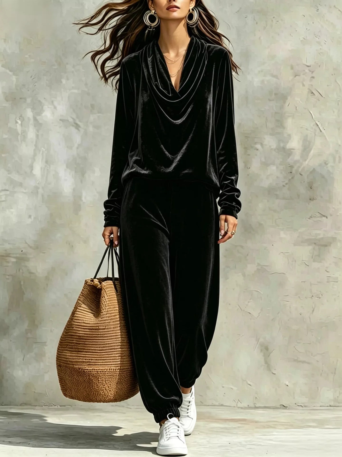 Womens cowl neck top and joggers set by Trendsi, featuring a cozy, stylish matching lounge outfit in soft fabric.