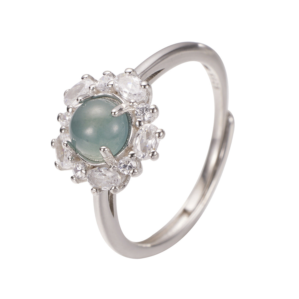 Sterling silver Jadeite ring with intricate design, showcasing vibrant green jadeite gemstone on a polished band.