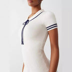 Women’s striped knit midi dress by FitiqueFit, casualwear, featuring a fitted waist and long sleeves, displayed on a hanger.
