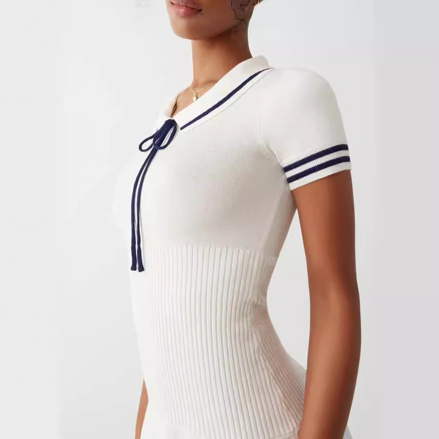 Women’s striped knit midi dress by FitiqueFit, casualwear, featuring a fitted waist and long sleeves, displayed on a hanger.