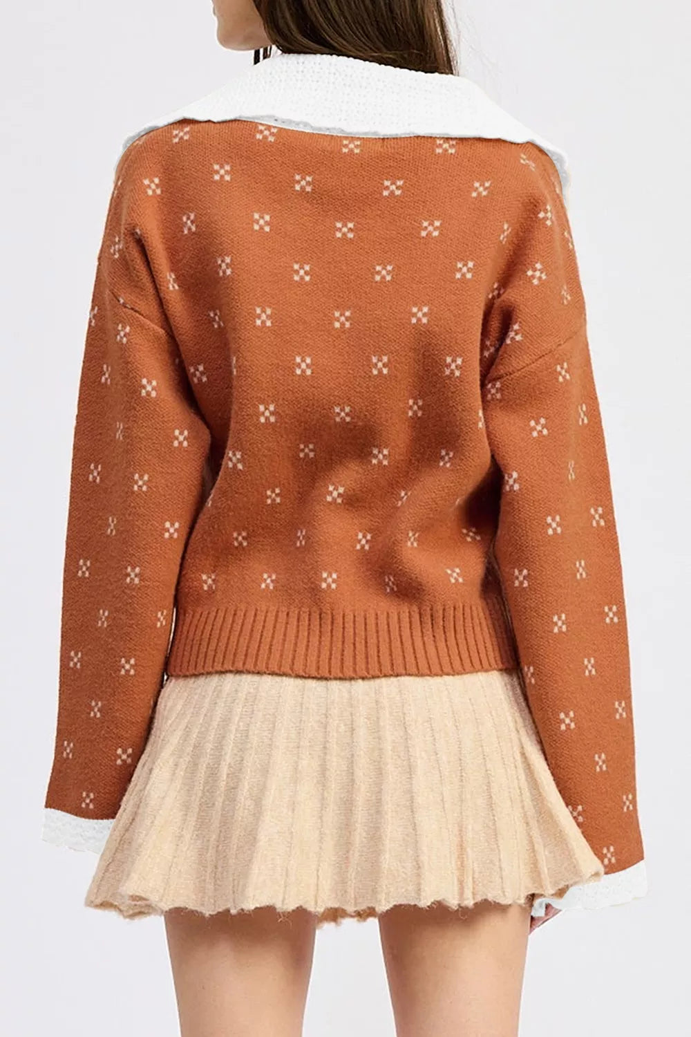 Colorblock Peter Pan collar long sleeve knit cardigan for women by Trendsi, featuring a stylish colorblock design and cozy knit fabric.