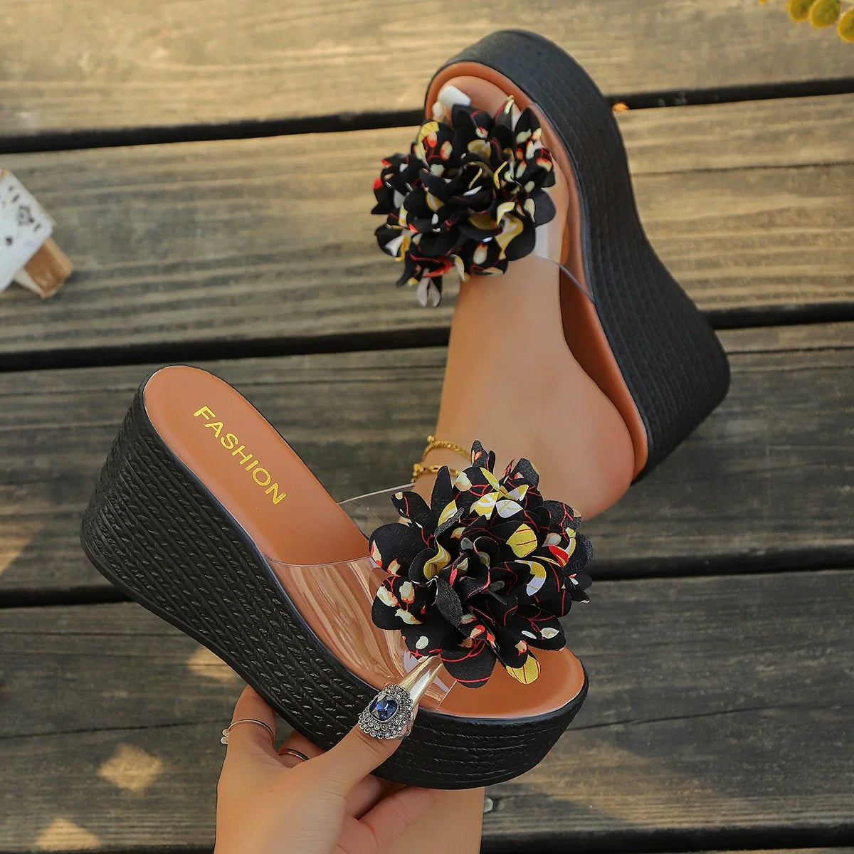 Plush Fashion Hub floral decor platform wedge sandals with colorful flower accents and ankle straps.