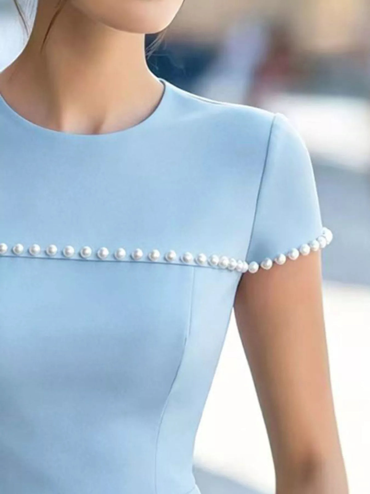 Pearl embellished plush fashion hub peplum T-shirt, stylish tops with decorative pearl details, perfect for casual or chic outfits.