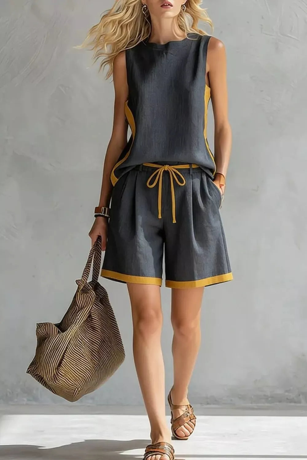 Plush Fashion Hub contrast trim sleeveless tank and shorts loungewear set, soft fabric, casual comfort for relaxing days.
