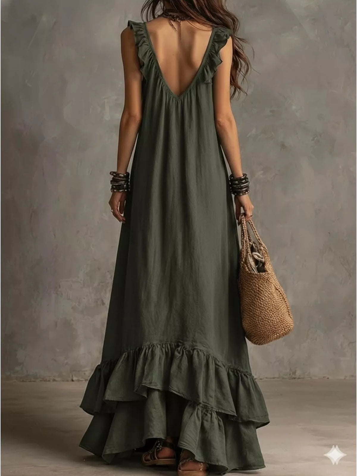Plush Fashion Hub ruffled sleeveless maxi dress featuring flowing fabric and a stylish, elegant design for summer wear.