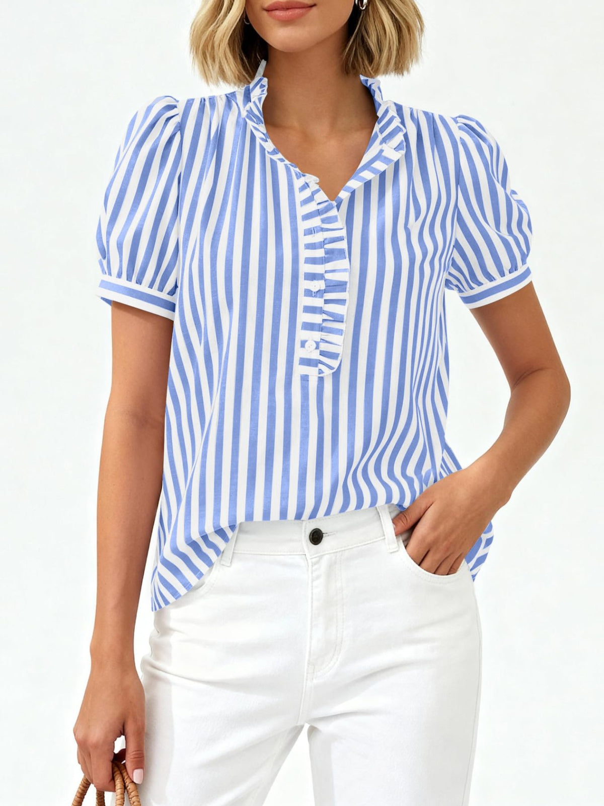 Women's striped puff sleeve blouse with ruffled details from Plush Fashion Hub, featuring a stylish, feminine design and vibrant pattern.