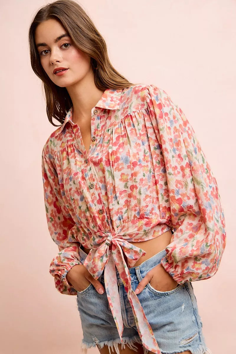 Plush Fashion Hub BiBi floral print tie hem crop top with short sleeves and vibrant floral design, perfect for casual summer wear.
