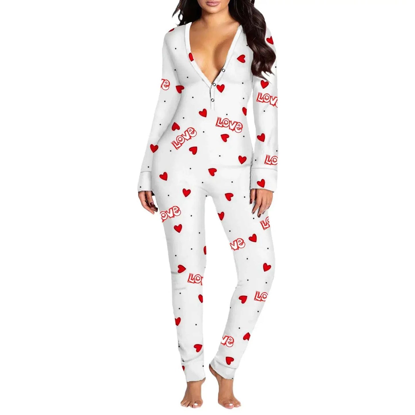 Women Jumpsuit Long Sleeve V Neck Button Closure Letters Heart Print LThe beautiful heart print and V-neck design make it a perfect choice for festive occasions. The long sleeve and button closure add a touch of comfort and conveniencePajamasPlush Fashions ShopPlush Fashion Shop