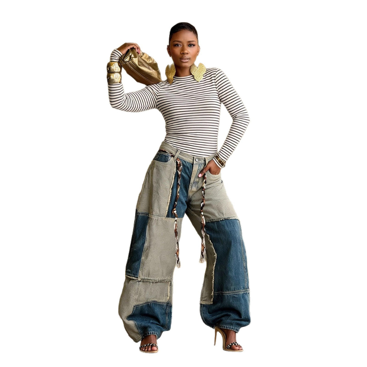 Two-tone patchwork raw edge lash hem denim jeans with belt from Plush Fashion Hub, showcasing stylish casual wear.