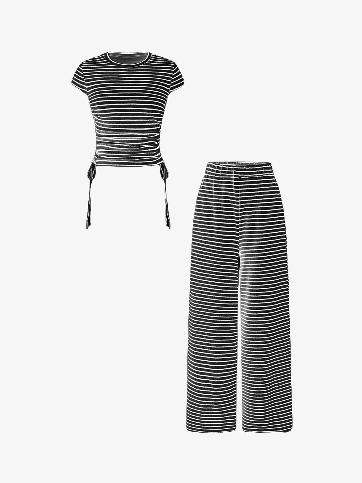 Striped crop top and wide-leg pants outfit set by Plush Fashion Hub, featuring a matching stylish dress ensemble.
