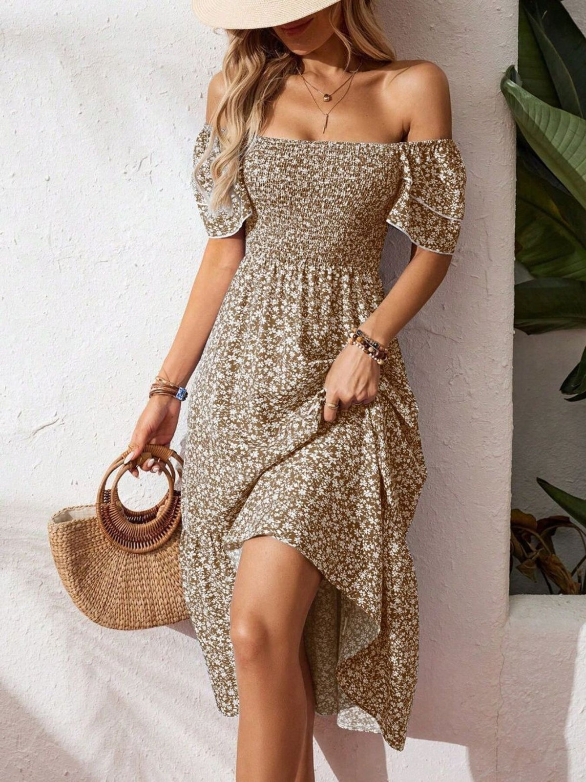 Floral print smocked ruffle sleeve midi dress by Plush Fashion Hub, lightweight summer dress with feminine floral design and ruffle details.
