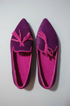Women's suede pointed toe tassel flats with low heel, casual footwear by Plush Fashion Hub, showing the shallow mouth design.
