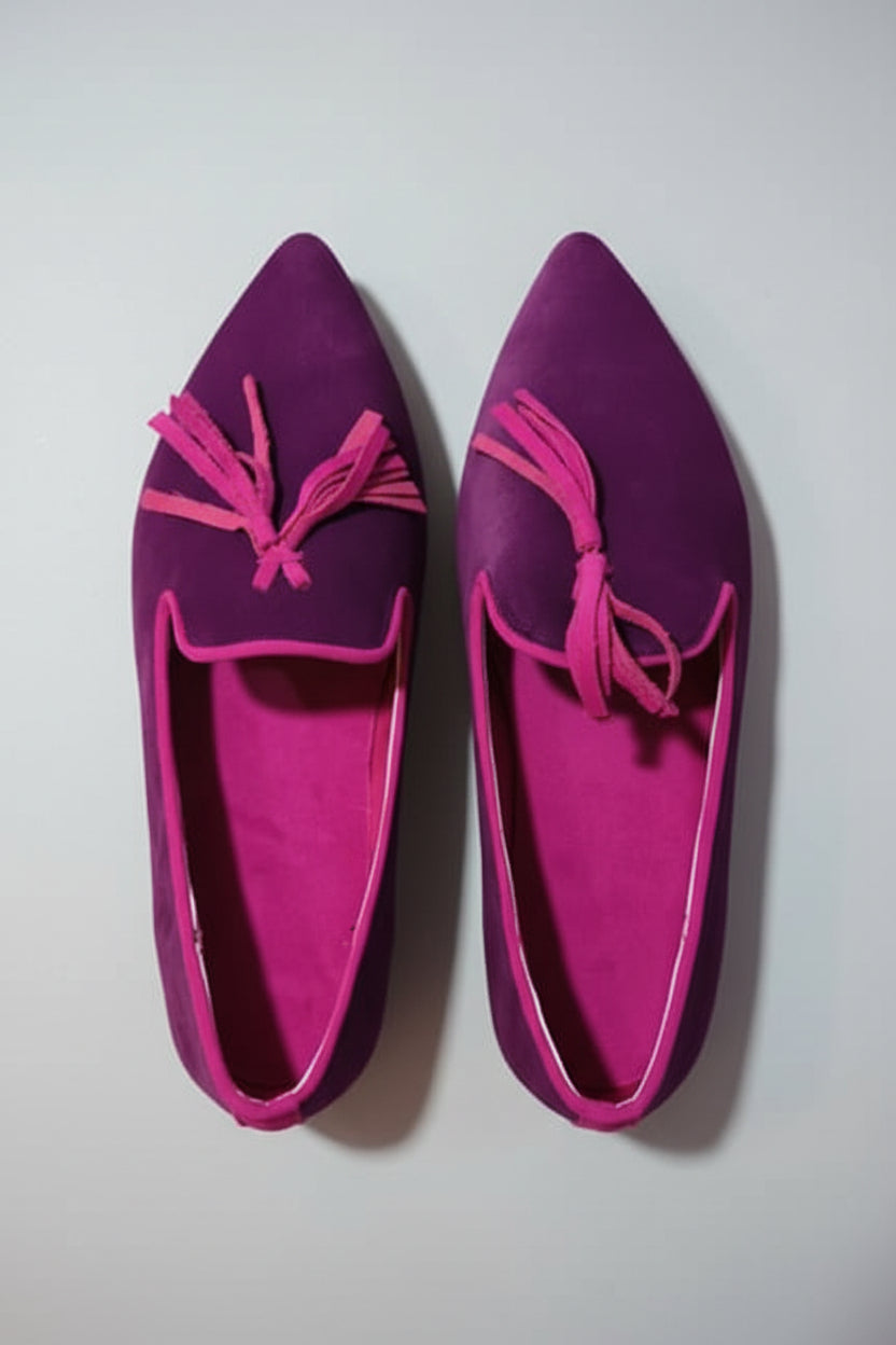 Women's suede pointed toe tassel flats with low heel, casual footwear by Plush Fashion Hub, showing the shallow mouth design.