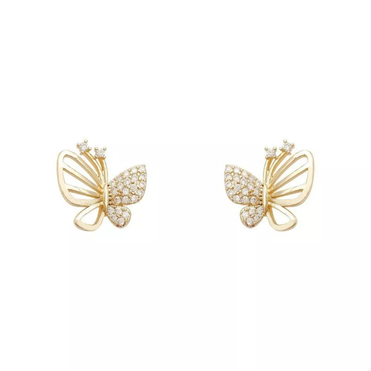 Pair of 18K gold-plated butterfly stud earrings from Plush Fashion Hub, featuring delicate butterfly designs and shiny finish.