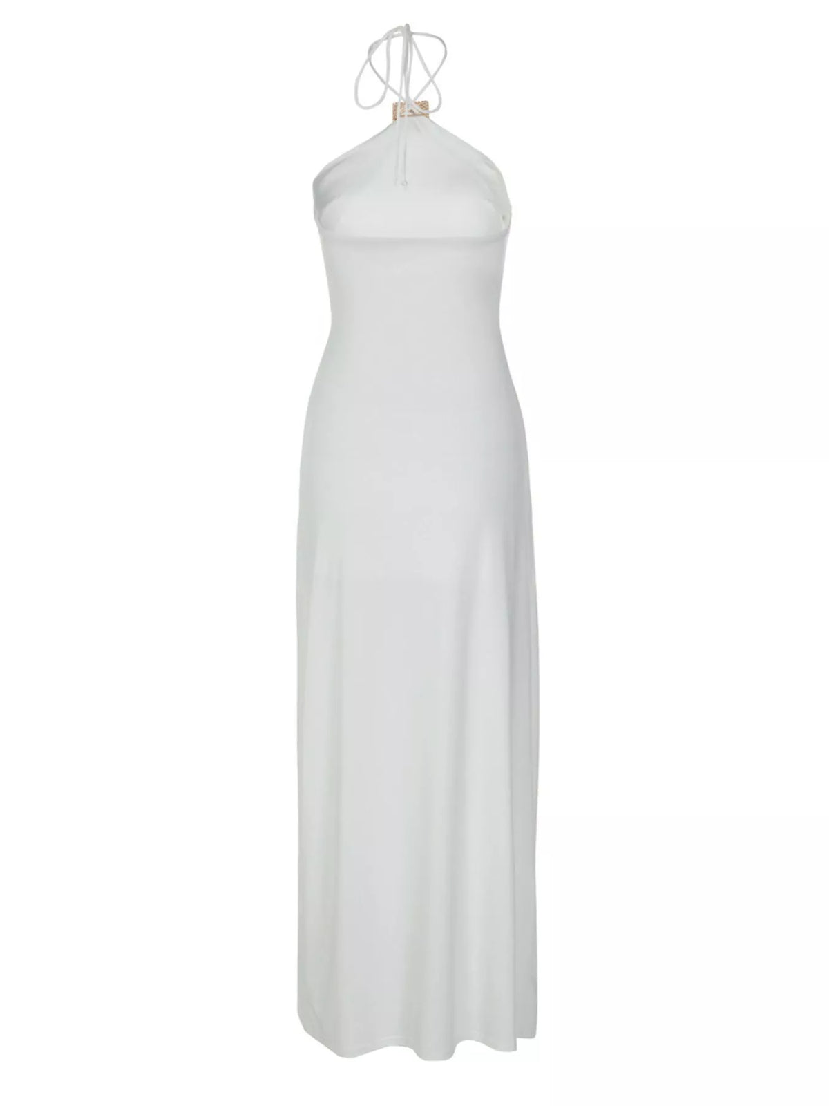 Plush Fashion Hub backless ruched halter neck maxi dress displayed on a mannequin, showcasing its elegant design and flowy fabric.
