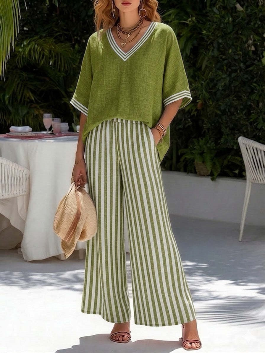 Women's striped tunic top and casual trousers two-piece set by FitiqueFit, featuring a relaxed fit and stylish design.