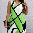 Women’s sleeveless V-neck dress with geometric print, stylish fashion dress from Trendy Attic Store01.
