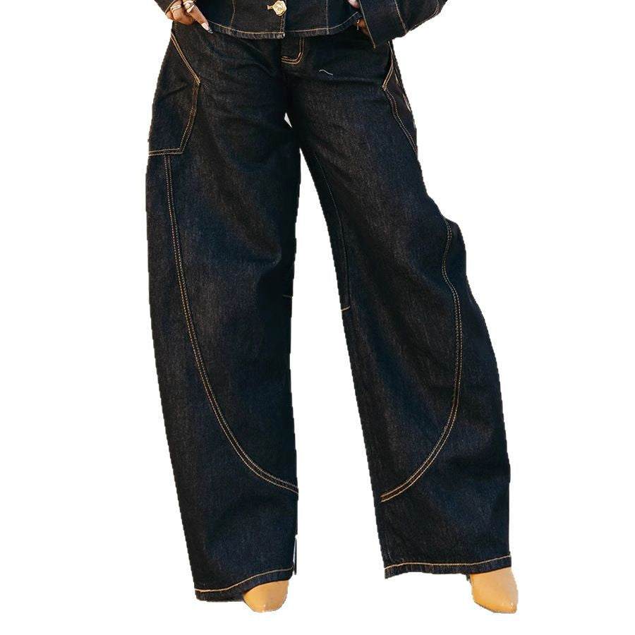 Curved Hem Stitched Denim Jeans
