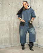 Color-Block Patchwork Denim Wide-Leg Jumpsuit