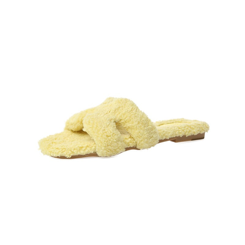 Rainbow lamb fur suede slide sandals by Plush Fashion Hub with colorful fur accents and comfortable slip-on design.