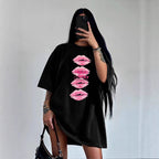 Women's Black Lip Print Short Sleeve Loose Fit Cotton T-Shirt