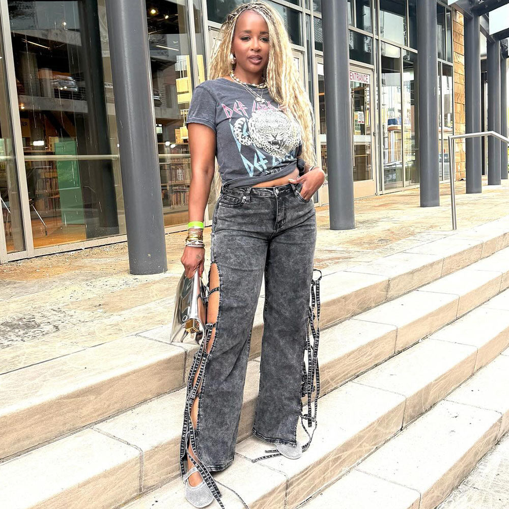 Western-style Women's Jeans, Washed with Slit and Tie String Detail, High Waist Long Pants
