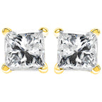14K yellow gold diamond stud earrings with princess-cut near colorless diamonds, classic 4-prong setting, I-J color, I2-I3 clarity.