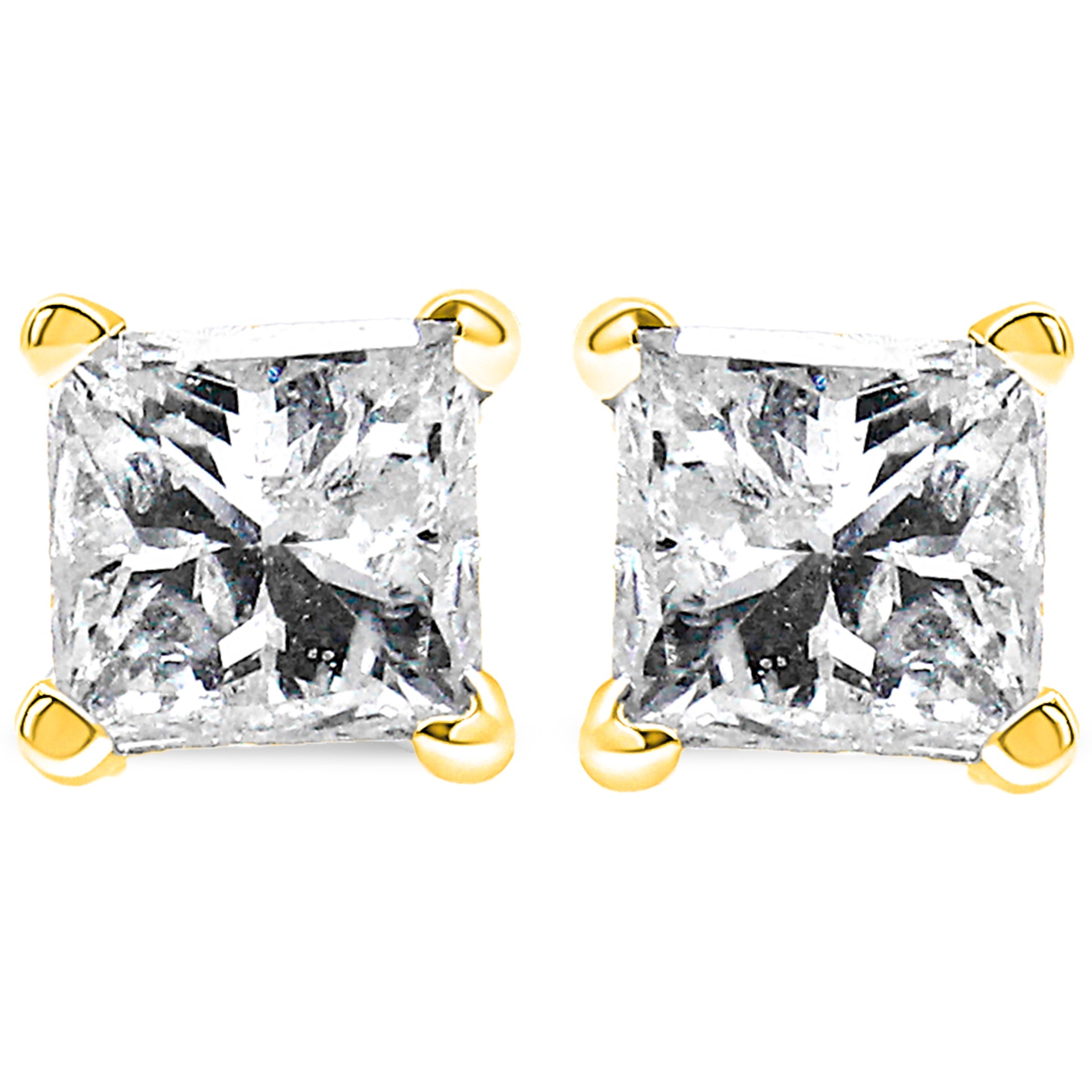 14K yellow gold diamond stud earrings with princess-cut near colorless diamonds, classic 4-prong setting, I-J color, I2-I3 clarity.