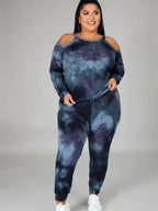 Plus size women's off-shoulder tie-dye casual suit from Trendy Attic Store01, featuring a relaxed fit and stylish design.