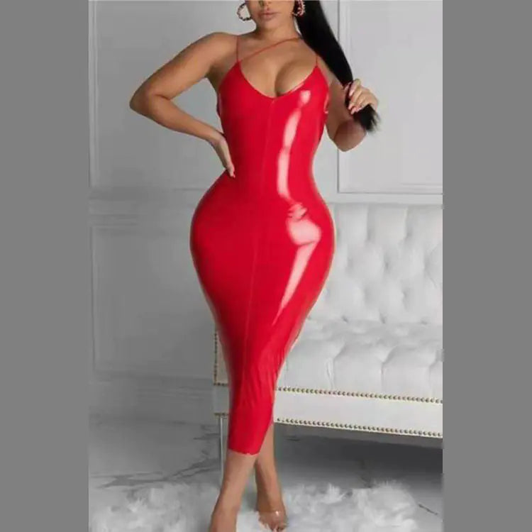 Plus size women's stylish autumn winter leather dress with long sleeves and fitted design, perfect for cold weather fashion.