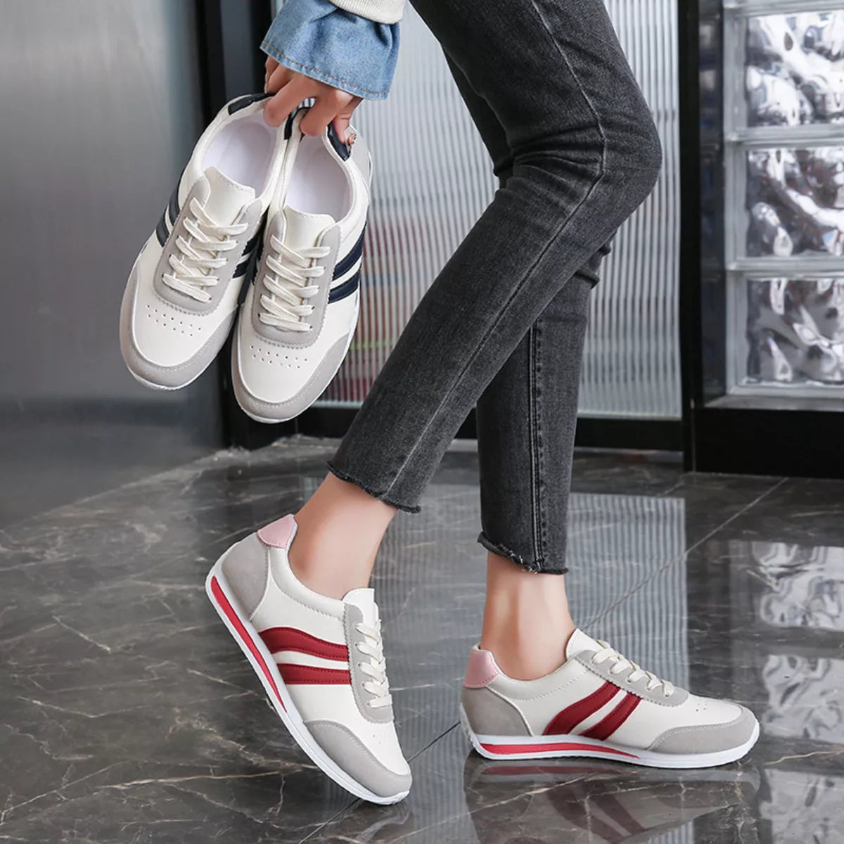 Women’s round toe lace-up sneakers by Trendsi, stylish casual sneakers with white laces and a clean design.