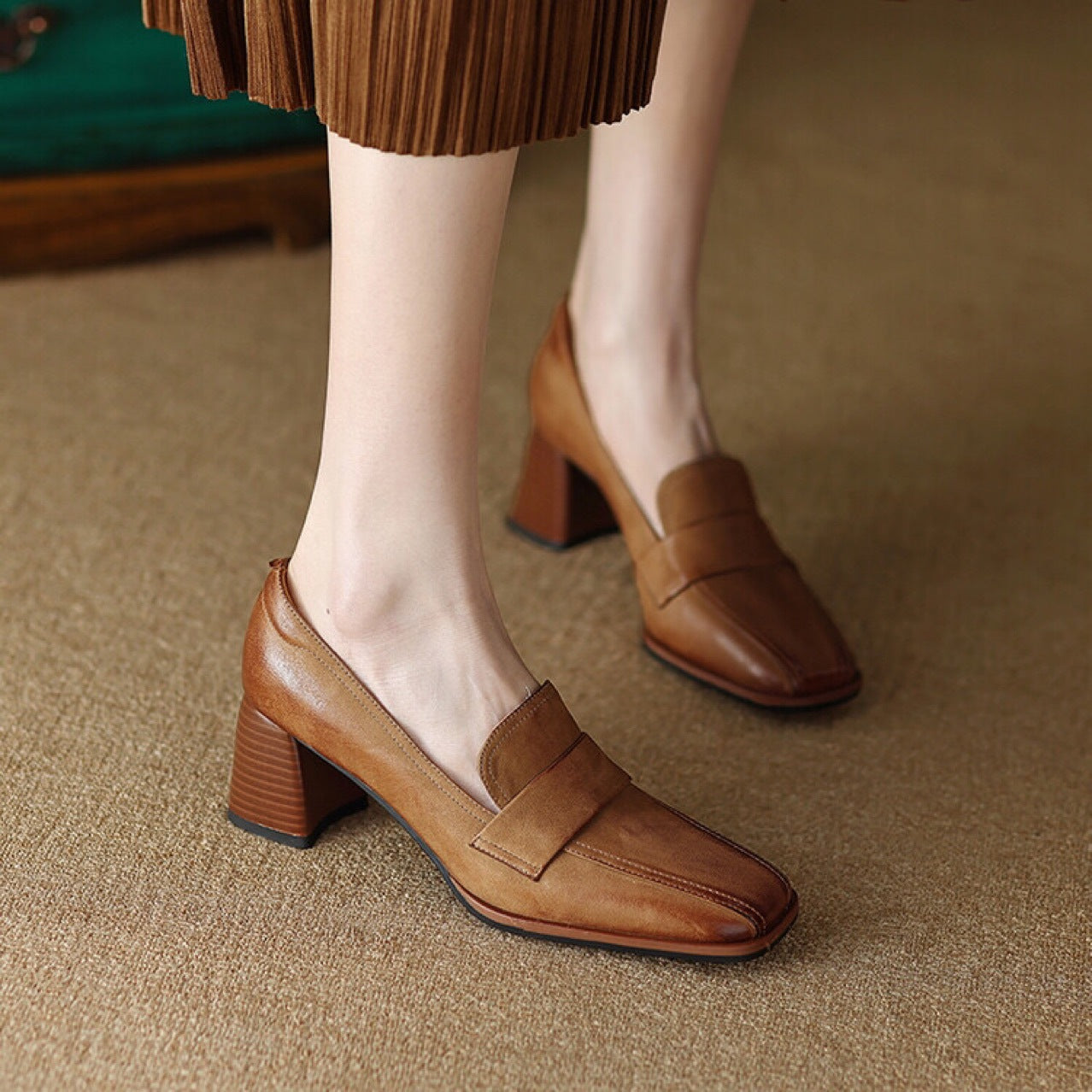 Women's plush sheepskin square toe chunky heel pumps by Plush Fashion Hub, stylish retro high heel dress shoes.