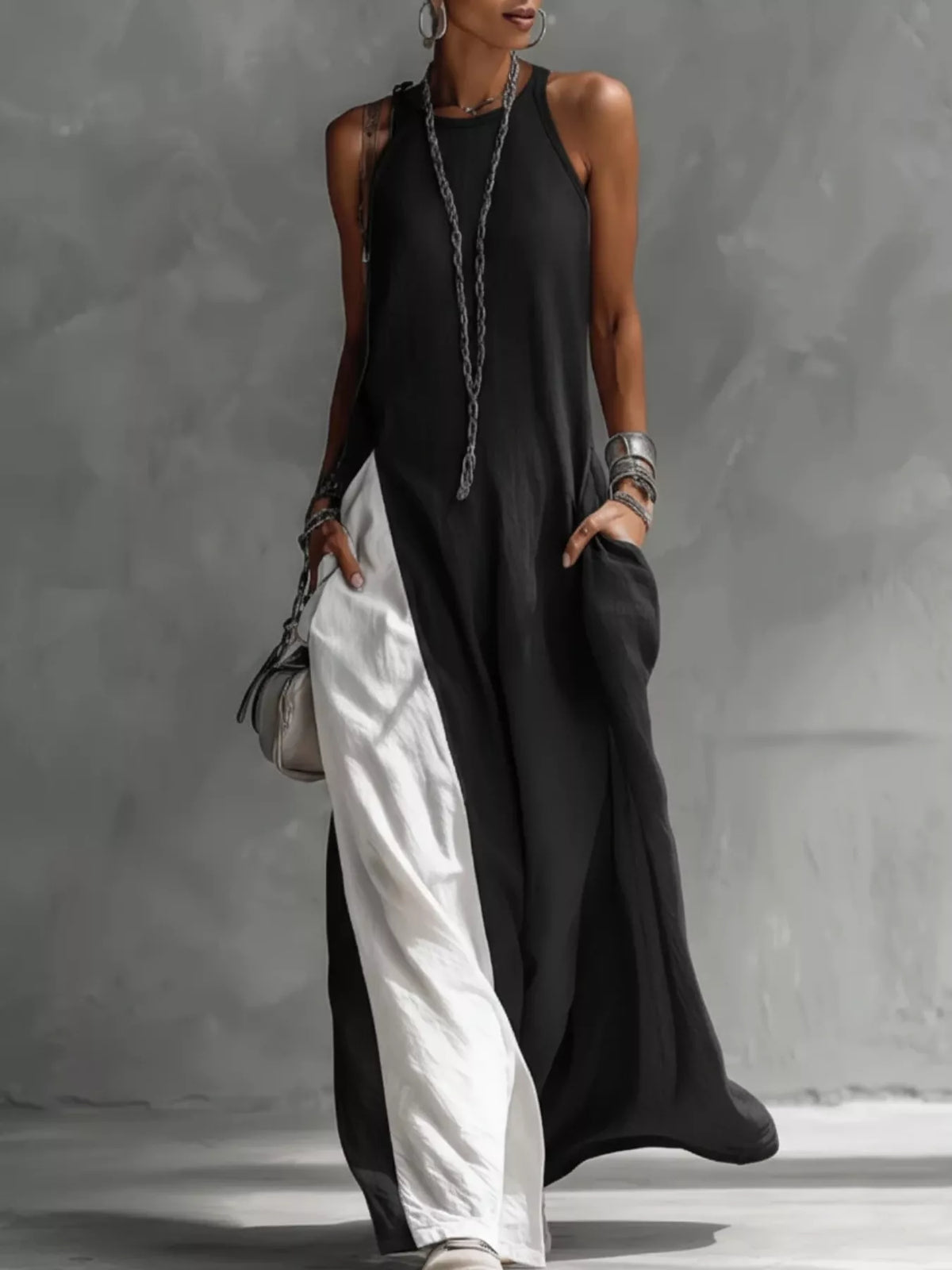 Two-tone sleeveless maxi dress by Plush Fashion Hub, elegant casual floor-length summer gown with a flowing silhouette.