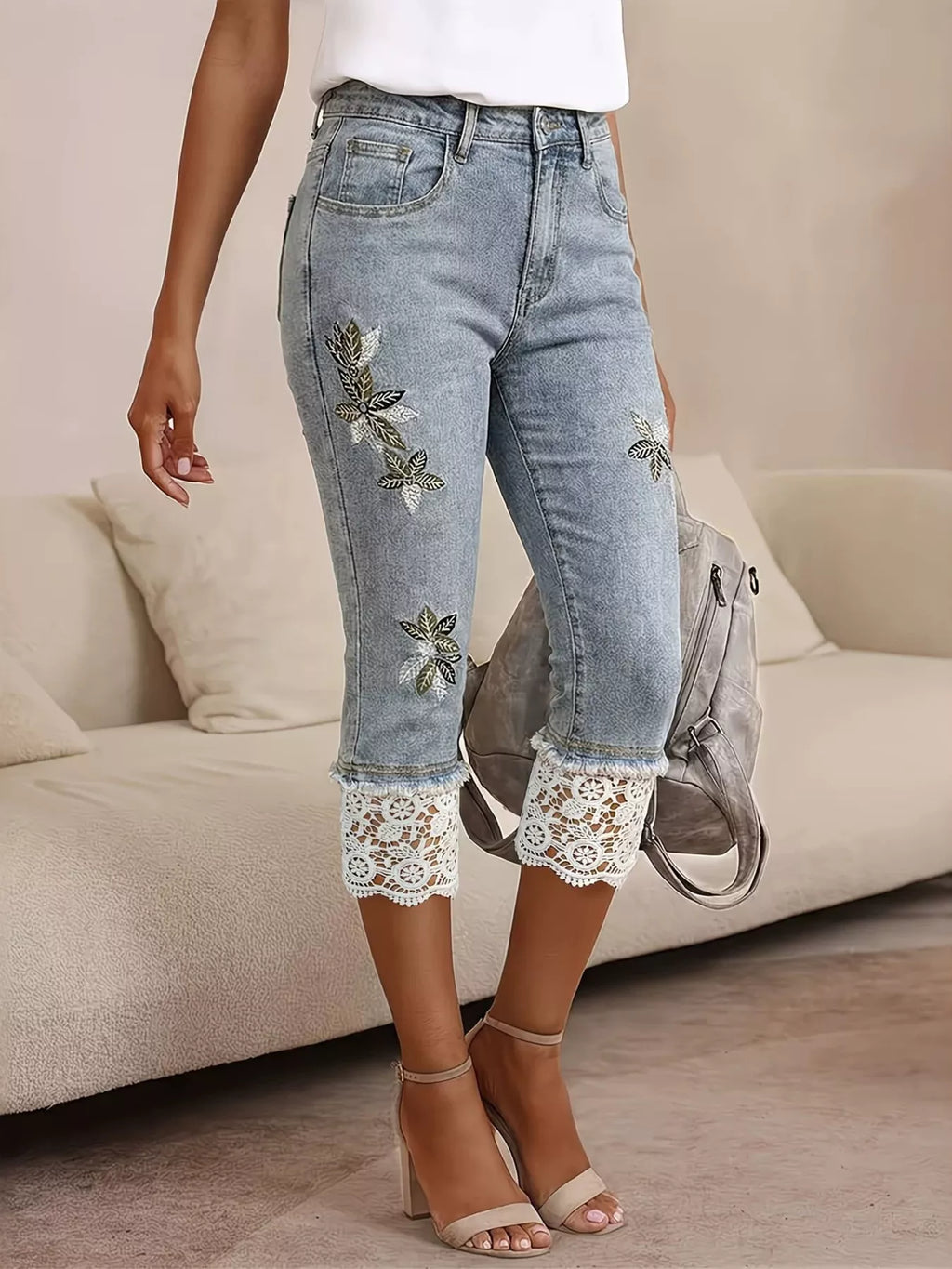 Lace trimmed Capri jeans by Shopimist featuring classic denim fabric, cropped length, and decorative lace detail along the hem.